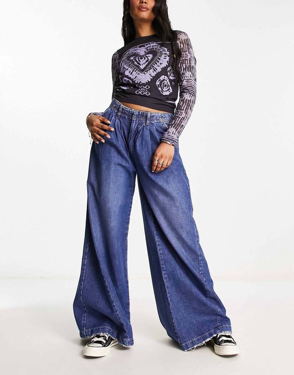 We The Free Equinox Low Waist Wide Leg Trouser Jeans in Mid Wash Blue